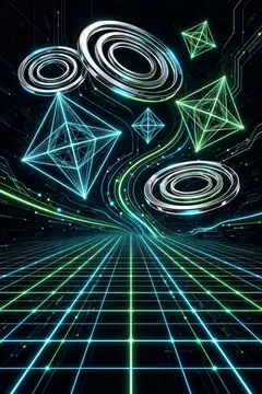 3D-рендер с неоновыми кольцами и многогранниками над светящейся сеткой