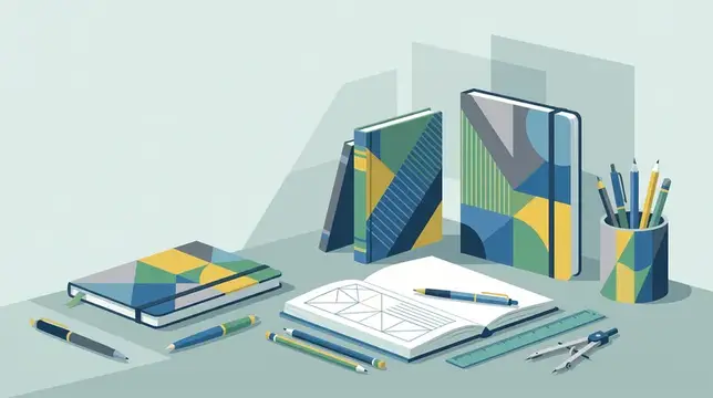 Иллюстрация с блокнотами, ручками и карандашами на столе