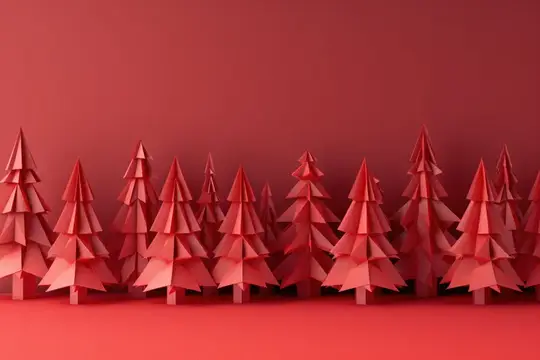 3D-рендер с красными бумажными ёлками на монохромном фоне