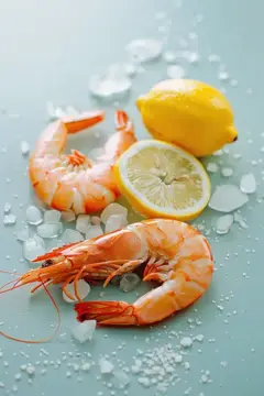 Варёные креветки с лимоном и колотым льдом на светлом фоне