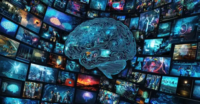 3D-рендер светящегося мозга на фоне множества экранов с данными
