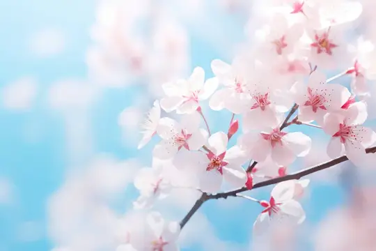 Нежные белые цветы сакуры на ветке на фоне голубого неба