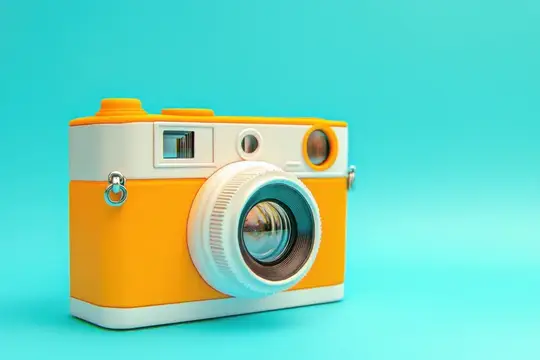 3D-рендер желтой игрушечной фотокамеры на бирюзовом фоне