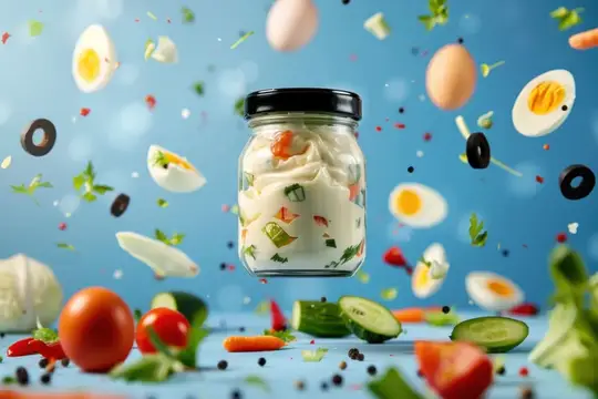Парящие яйца и овощи в банке, полной еды