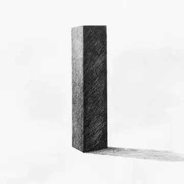 Выразительная черная вертикальная колонна стоит на чистом белом фоне, подчеркивая минимализм и контраст