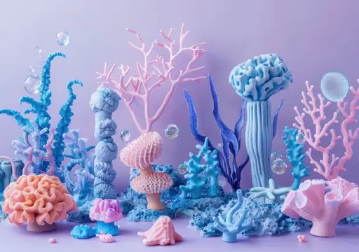 3D-рендер с розовыми и голубыми кораллами в подводном мире