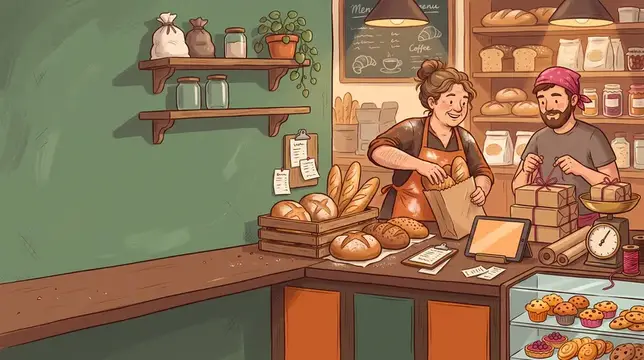 Иллюстрация с пекарем и продавцом в уютной пекарне