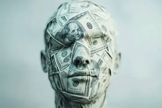 Это художественное изображение представляет собой голову человека, художественно покрытую долларовыми купюрами, что отражает темы богатства, потребительства и влияния денег на идентичность