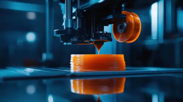 3D-принтер печатает оранжевую деталь на синем фоне