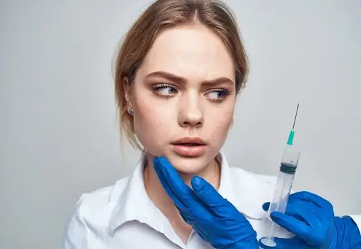 Женщина, шприц для анестезии и инъекции ботокса, врач в синих перчатках