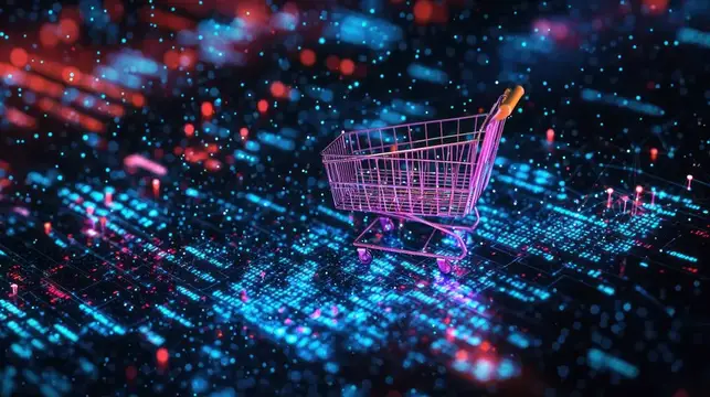 3D-рендер тележки для покупок на фоне неоновых цифровых данных