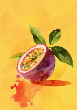 Акварельный плод маракуйи с листьями на жёлтом фоне