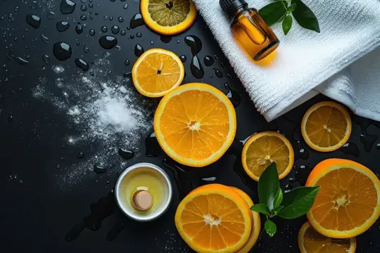 Апельсиновые дольки, соль и эфирное масло на мокром чёрном фоне