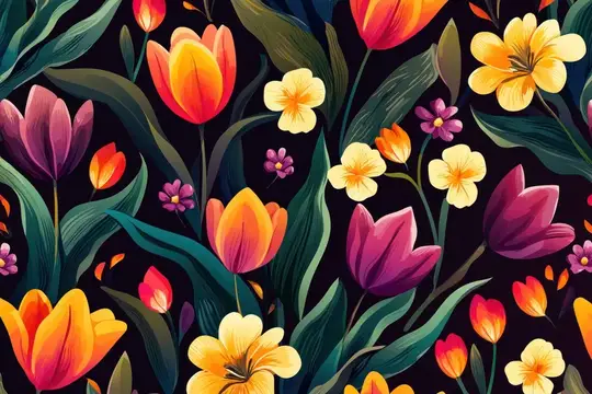 Иллюстрация с яркими тюльпанами и мелкими цветами на тёмном фоне