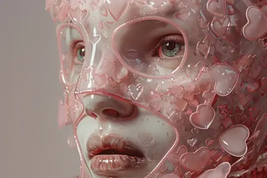 3D-рендер лица девушки в прозрачной маске из розовых сердечек