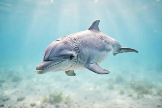 Дельфин плывёт под водой в лучах солнца