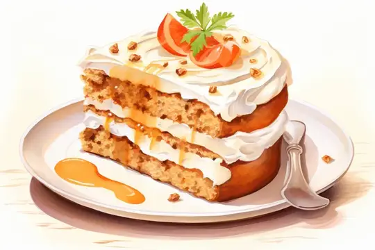 Иллюстрация куска медовика с кремом и дольками мандарина на тарелке