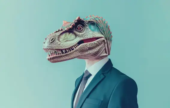 3D-рендер мужчины в деловом костюме с головой динозавра