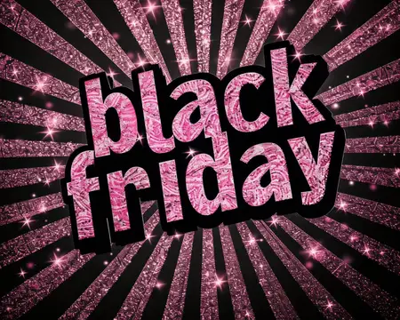 Розовая блестящая надпись black friday на чёрных лучах