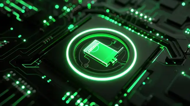 3D-рендер светящейся батареи в центре микросхемы