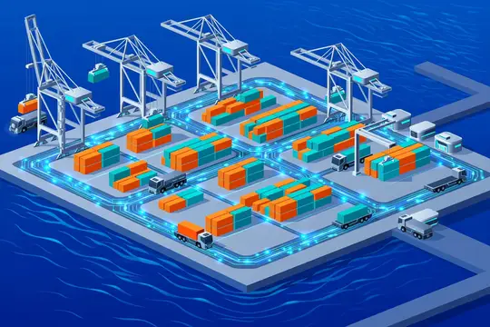 3D-иллюстрация портового контейнерного терминала с кранами и грузовиками