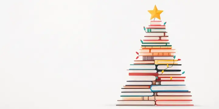 Иллюстрация с ёлкой из стопки книг с золотой звездой на верхушке