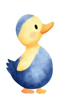 Акварельный утенок с синим телом и желтой головой