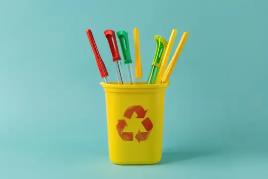 Разноцветные ручки в жёлтом стаканчике со знаком переработки