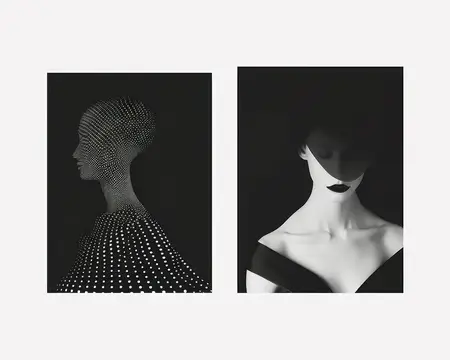 Монохромные фотографии головы манекена и женского лица для концепций моды и красоты
