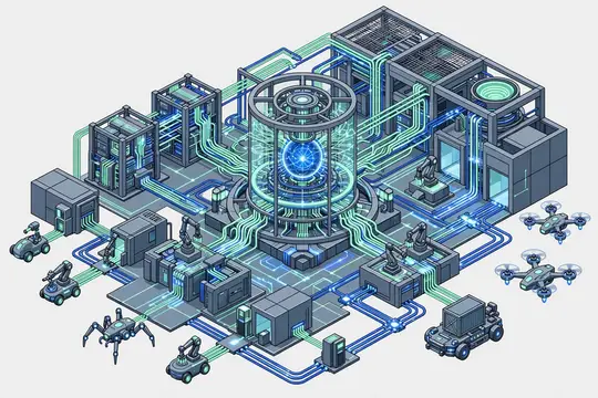 3D-рендер футуристической лаборатории с роботами и дронами