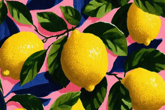 Яркие лимоны с зелёными листьями на розовом фоне