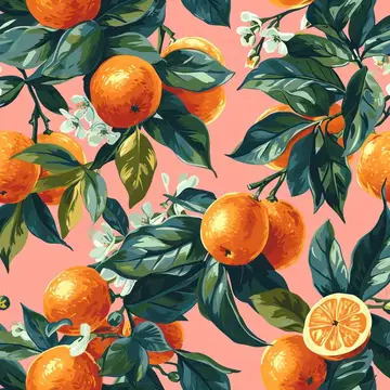 Иллюстрация с апельсинами и белыми цветами на розовом фоне