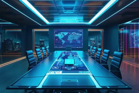 3D-рендер футуристического переговорного зала с картой мира на экране