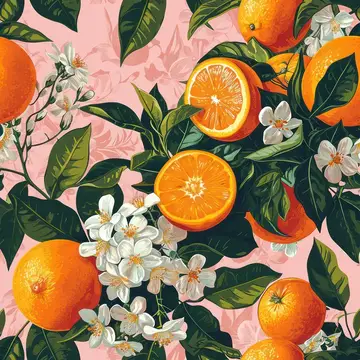 Иллюстрация с апельсинами, белыми цветами и листьями на розовом фоне