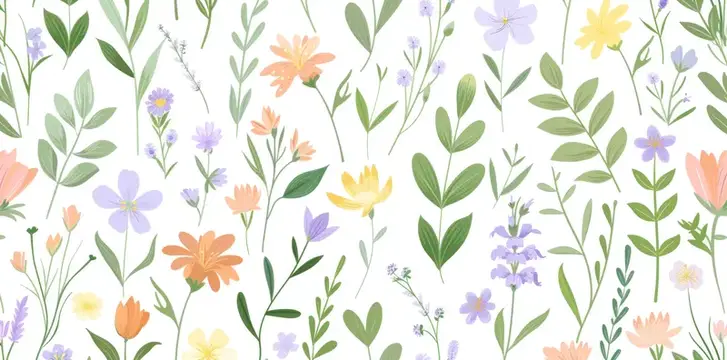 Иллюстрация с нежными полевыми цветами и зелеными листьями на белом фоне
