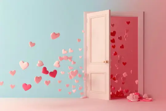 Концепция Дня святого Валентина: открытая дверь и падающие сердца в 3D-рендеринге