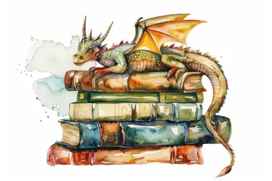 Дракон, сидящий на старинных книгах, в акварельной иллюстрации: мифическое существо на стопке старинной литературы