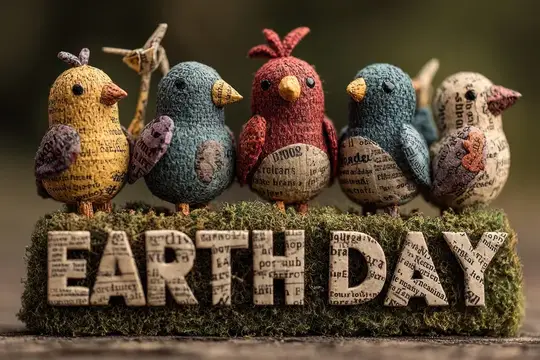 Пять текстильных птичек из газетной бумаги на мшистой надписи Earth Day