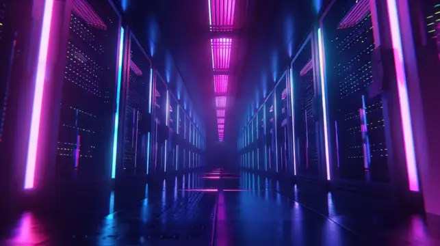 3D-рендер футуристического коридора с неоновой подсветкой