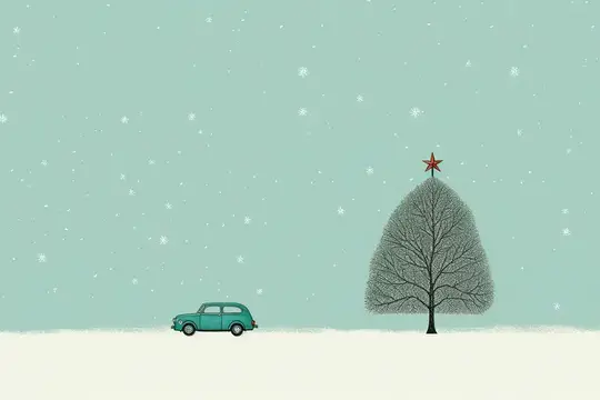 Иллюстрация с бирюзовым автомобилем и заснеженной ёлкой под снегопадом