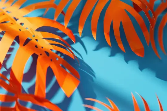 3D-рендер оранжевых тропических листьев на голубом фоне