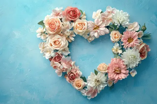 Нежное цветочное сердце из розовых роз, белых маргариток и мягких бутонов на успокаивающем голубом фоне