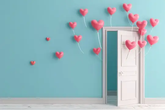 3D-рендер с розовыми сердцами, вылетающими из открытой двери