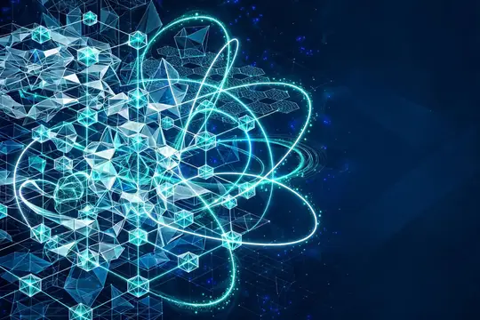 3D-рендер светящейся молекулярной структуры на тёмно-синем фоне