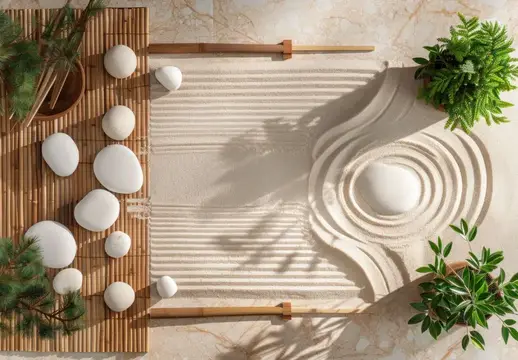 Светлая песочная композиция с камнями и бамбуковыми граблями