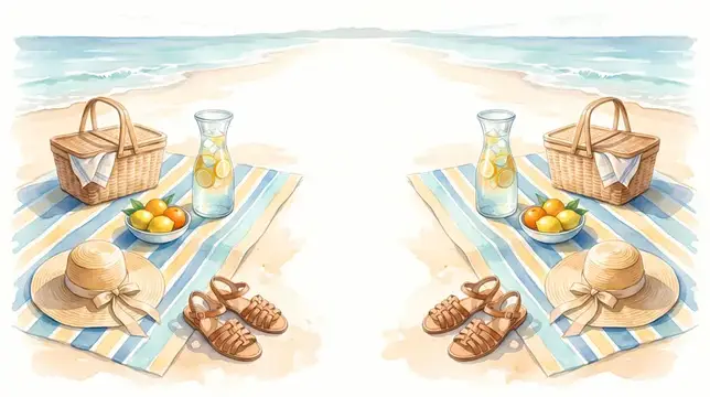 Иллюстрация с пляжным пикником на песке у моря