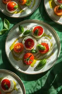Вкусный салат капрезе из свежих помидоров, моцареллы, базилика и оливкового масла на ярком зеленом фоне