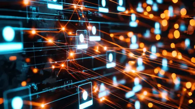 3D-рендер цифровой сети из светящихся профилей и оранжевых линий