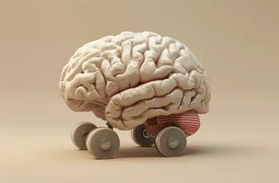 3D-рендер мозга на колёсиках на бежевом фоне
