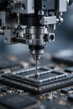 3D-рендер: прецизионный станок наносит каплю на микросхему